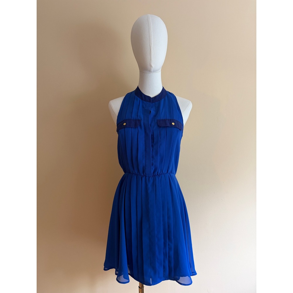 Aqua Royal Blue Pleated Sleeveless Mini Dress Women XS‎ Excellent